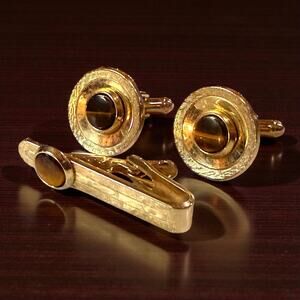 Vintage Shields Cufflinks Tie Clip Combo Gold Tone Tigers Eye Classic MCM